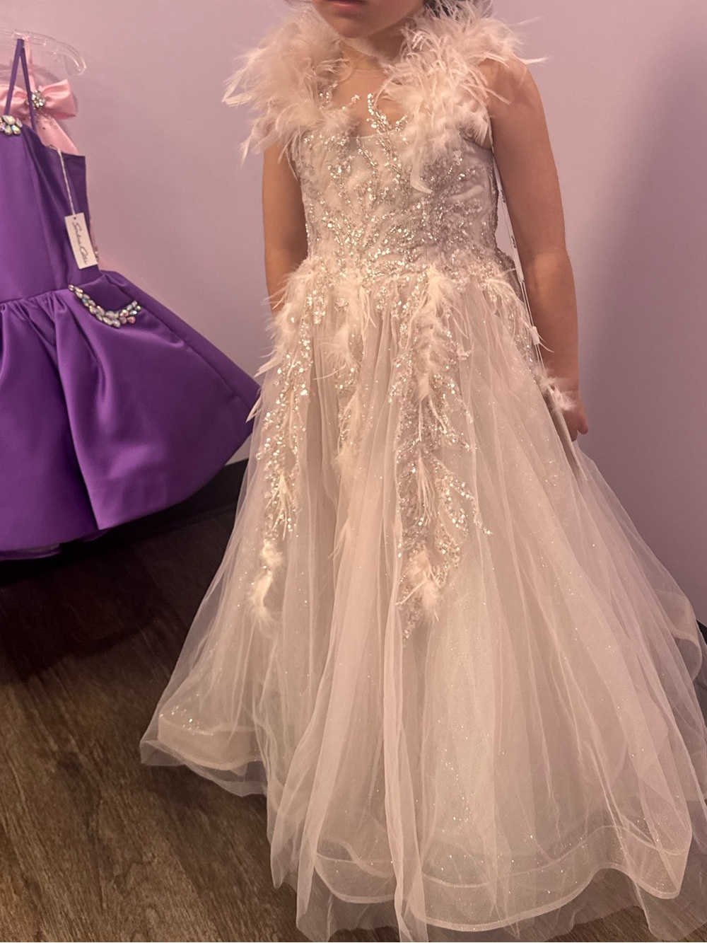Mac Duggal Girls Feathered Sequin Tulle Gown in Blush